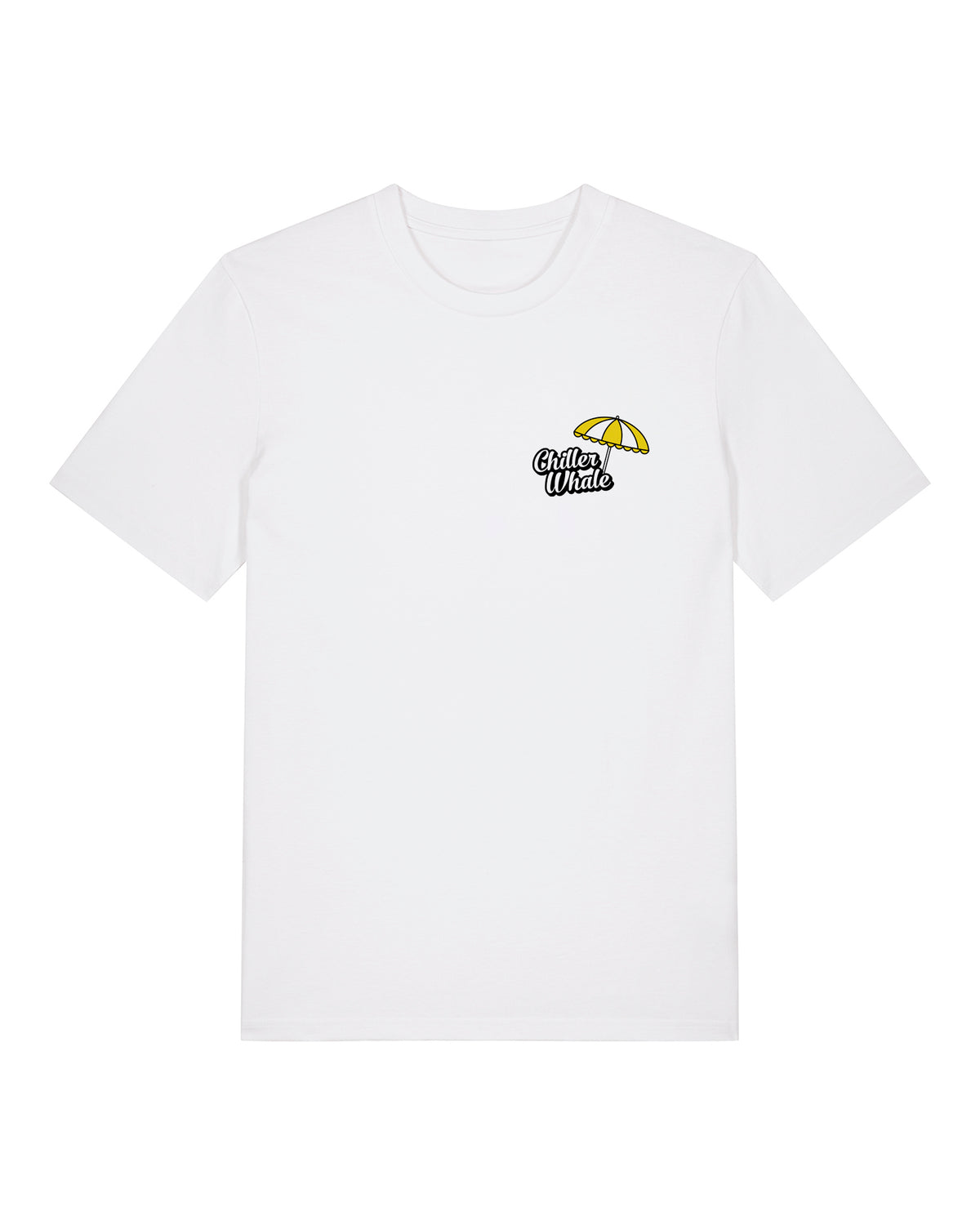 Chiller Whale Sunnies organic cotton t-shirt chiller whale text and umbrella design front view