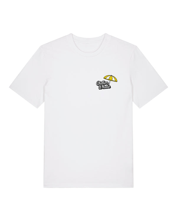 Chiller Whale Sunnies organic cotton t-shirt chiller whale text and umbrella design front view