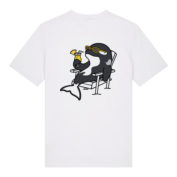 Chiller Whale Sunnies organic cotton t-shirt with relaxed orca wearing sunglasses design back view