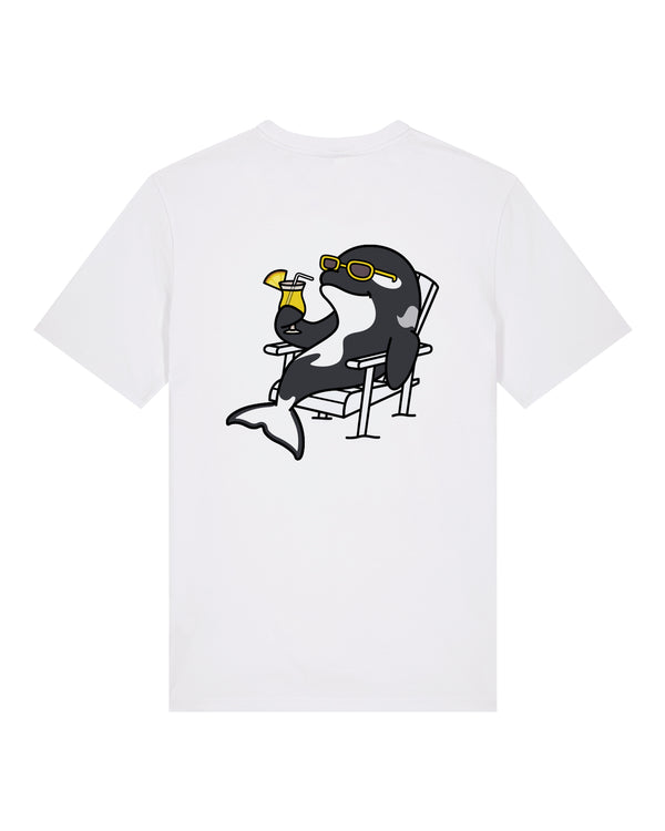 Chiller Whale Sunnies organic cotton t-shirt with relaxed orca wearing sunglasses design back view
