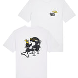 Chiller Whale Sunnies organic cotton t-shirt with relaxed orca wearing sunglasses design back and front view