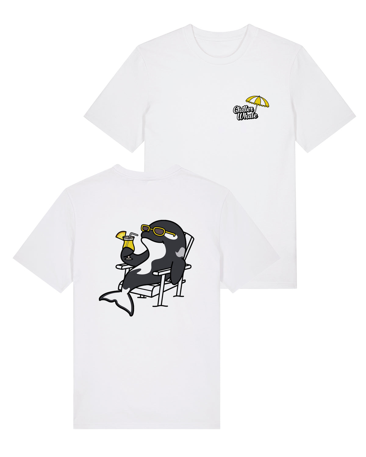 Chiller Whale Sunnies organic cotton t-shirt with relaxed orca wearing sunglasses design back and front view