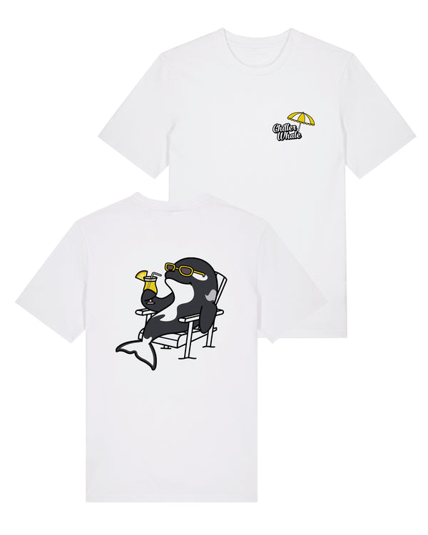 Chiller Whale Sunnies organic cotton t-shirt with relaxed orca wearing sunglasses design back and front view