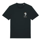Golphin Dark organic cotton t-shirt with embroidered dolphin golf pun design front view in black