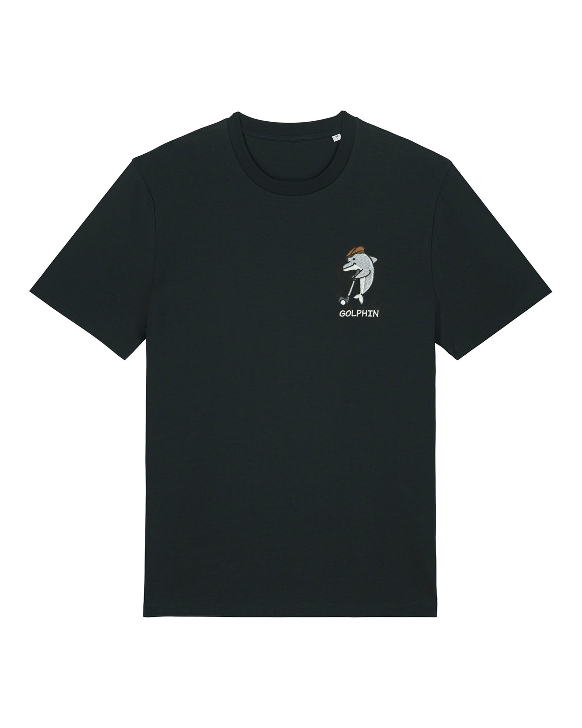 Golphin Dark organic cotton t-shirt with embroidered dolphin golf pun design front view in black