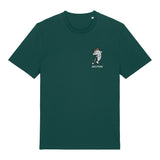 Golphin Dark organic cotton t-shirt with embroidered dolphin golf pun design front view in glazed green