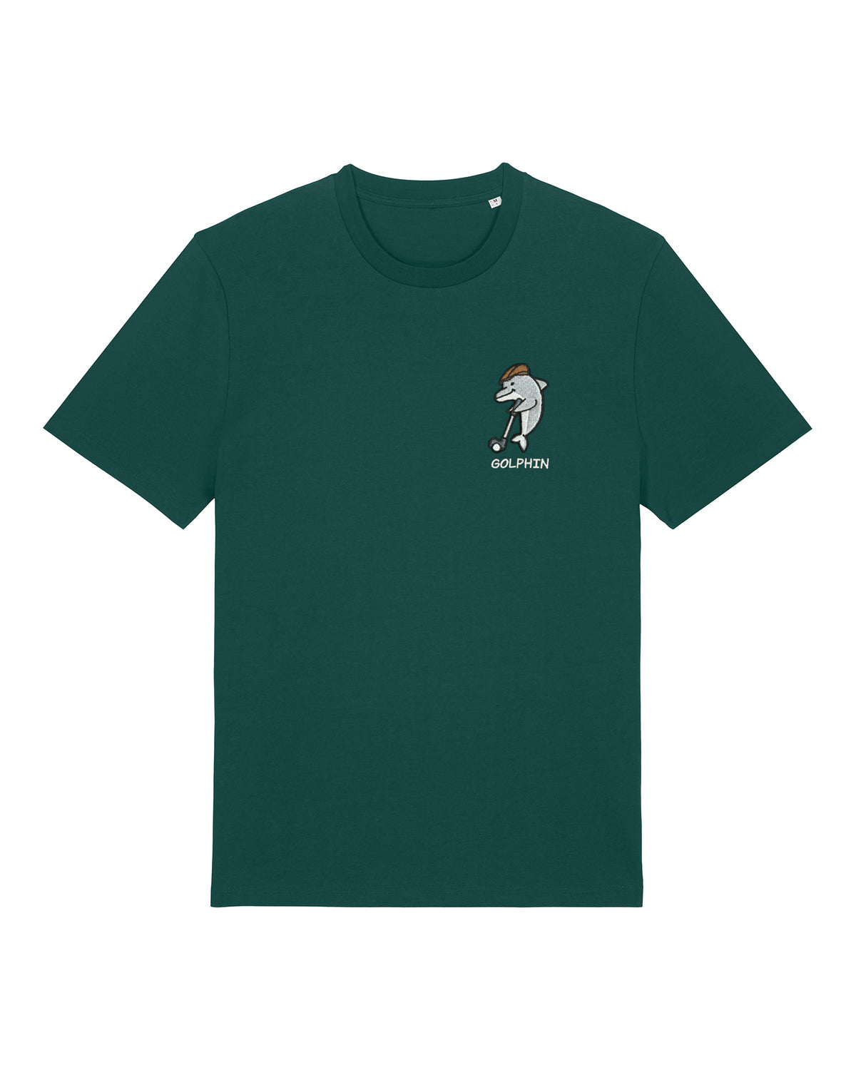 Golphin Dark organic cotton t-shirt with embroidered dolphin golf pun design front view in glazed green