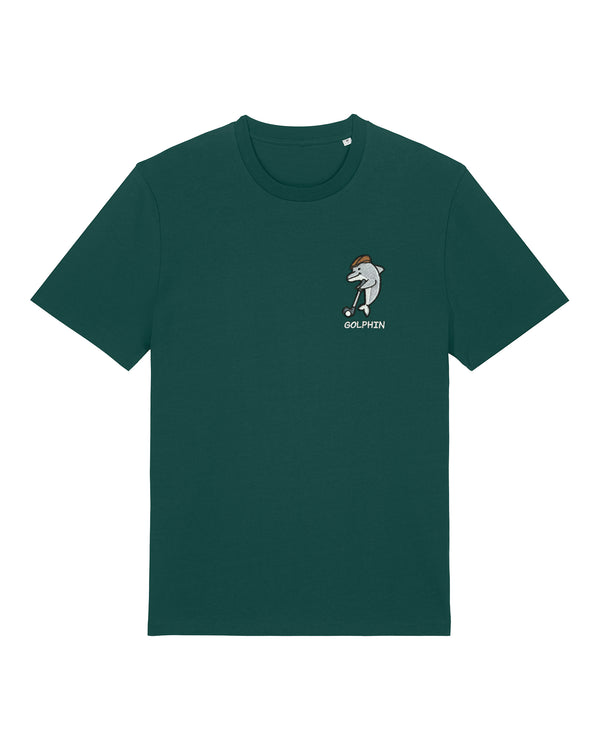 Golphin Dark organic cotton t-shirt with embroidered dolphin golf pun design front view in glazed green