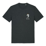 Golphin Dark organic cotton t-shirt with embroidered dolphin golf pun design front view in dark heather grey