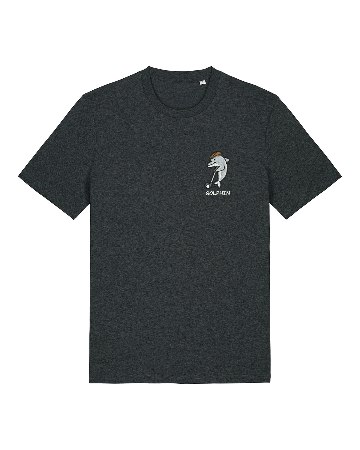 Golphin Dark organic cotton t-shirt with embroidered dolphin golf pun design front view in dark heather grey