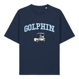 Golphin Cart lightweight relaxed fit organic cotton t-shirt with dolphin golf cart pun design front view