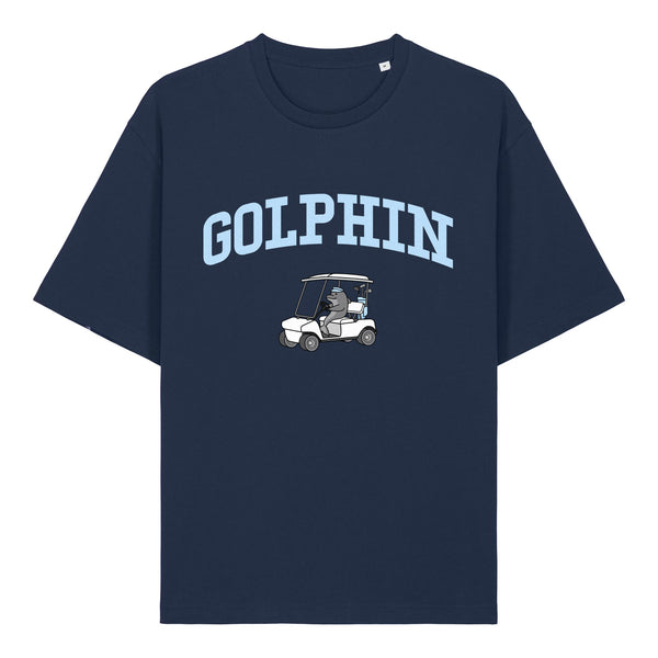 Golphin Cart lightweight relaxed fit organic cotton t-shirt with dolphin golf cart pun design front view