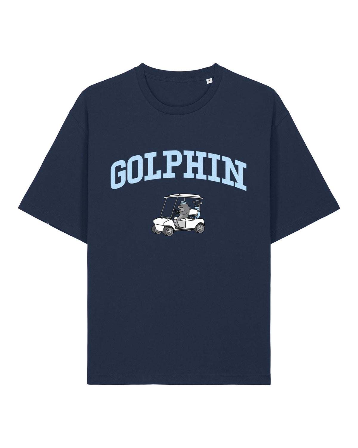 Golphin Cart lightweight relaxed fit organic cotton t-shirt with dolphin golf cart pun design front view