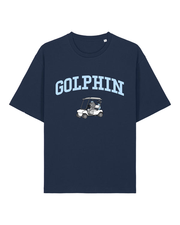 Golphin Cart lightweight relaxed fit organic cotton t-shirt with dolphin golf cart pun design front view