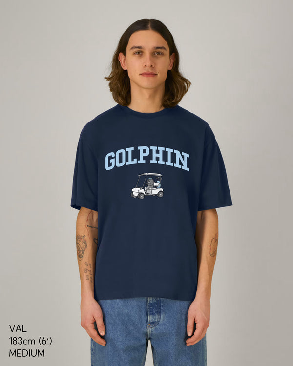Person wearing Golphin Cart relaxed fit t-shirt casual golf wear
