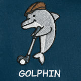 Golphin Dark organic cotton t-shirt with embroidered dolphin golf pun design close up view in deep teal