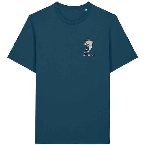 Golphin Dark organic cotton t-shirt with embroidered dolphin golf pun design front view in deep teal