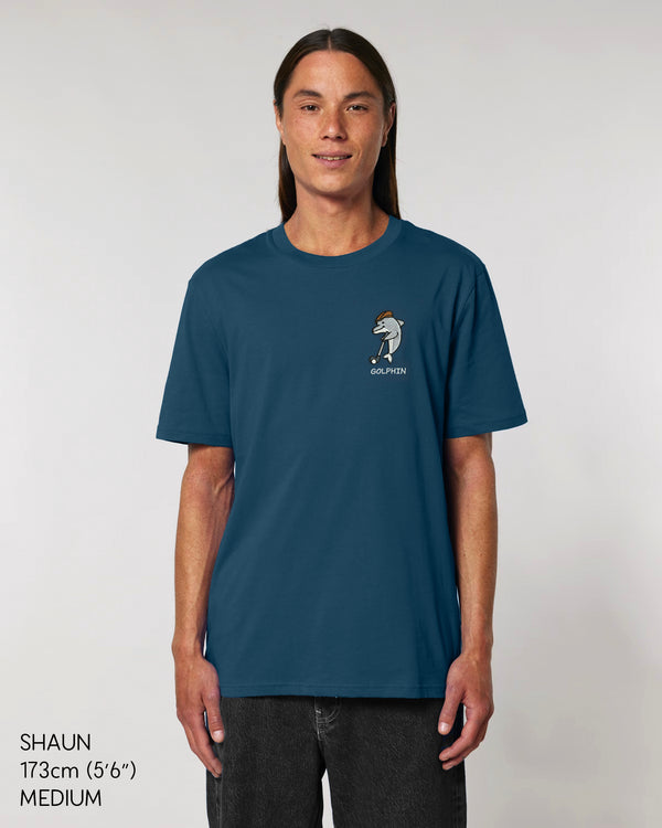Person wearing Golphin Dark embroidered golf t-shirt casual style in deep teal