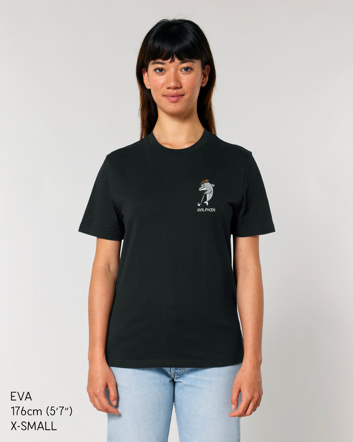 Person wearing Golphin Dark embroidered golf t-shirt casual style in black