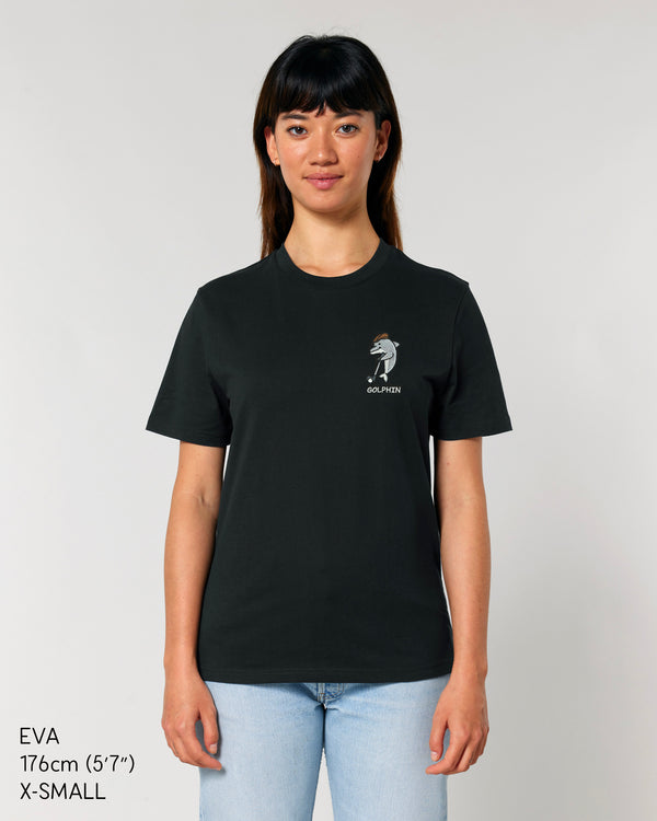 Person wearing Golphin Dark embroidered golf t-shirt casual style in black
