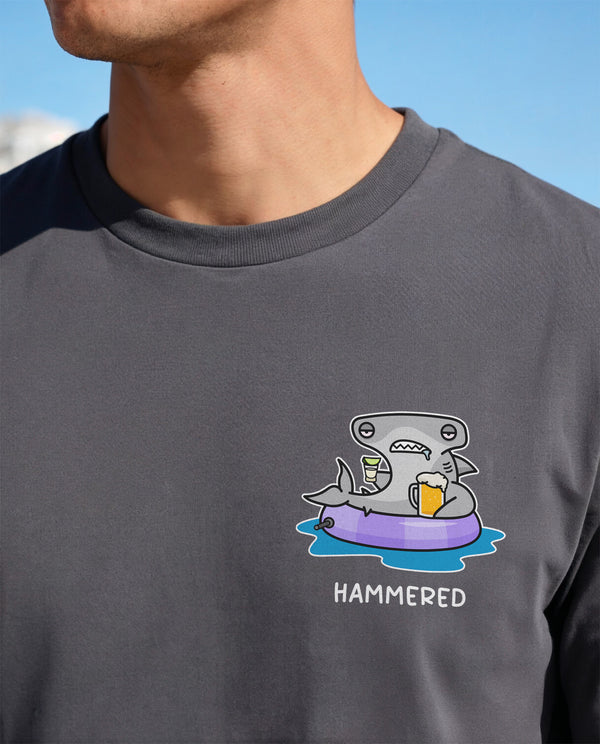 Person wearing Hammered funny shark pun t-shirt close up