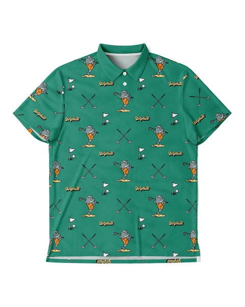Golphin Player 008 all-over print sport polo with dolphin golf pattern design front view